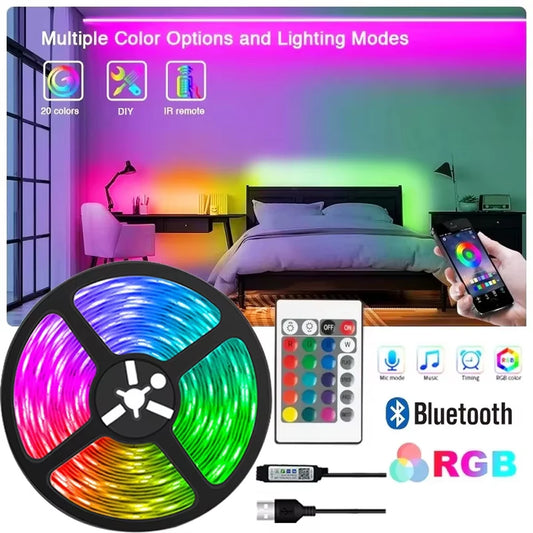 LED Strip Lights 1-30M with Bluetooth + Remote – RGB Smart Lamp for Room Decoration